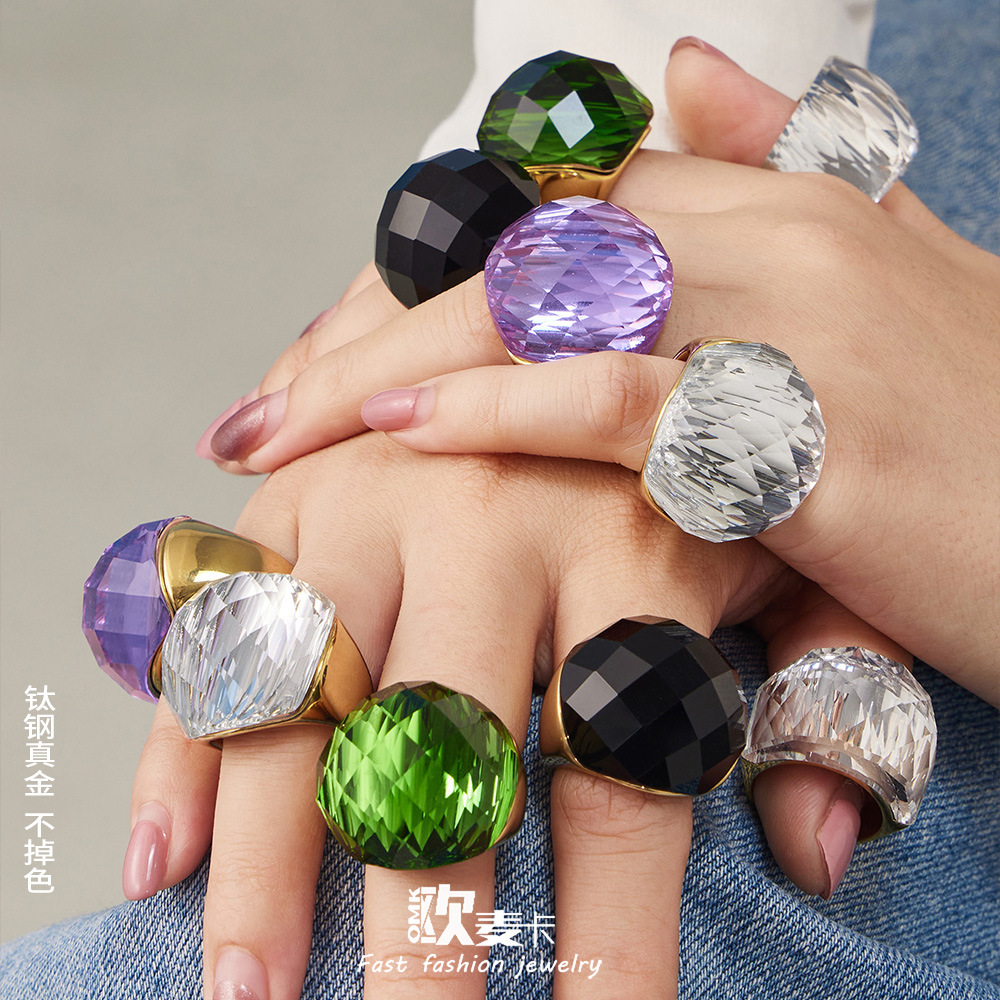Multi-Faceted Czech Glass Stone Stainless Steel Index Finger Ring Set Plated with 18K Real Gold European and American Ins Fashion Cross-Border Ring