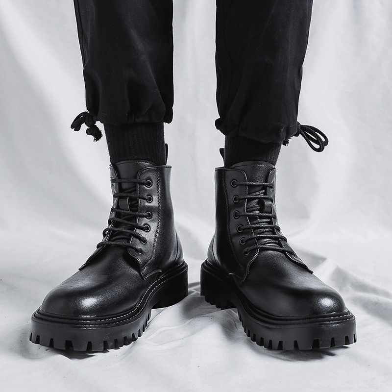 Martin Boots Men's British Style High-top Boots Leather New Mid-top Leather Shoes Black Workwear Chelsea Ankle Boots