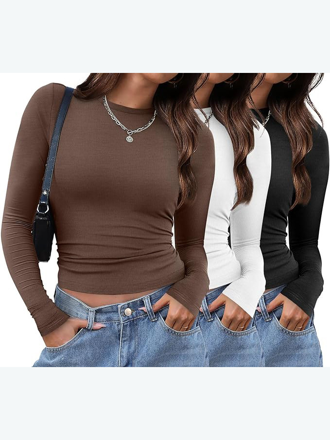 Amazon European and American Sexy Slim Long-Sleeved T-Shirt Thin Women's Bottoming Shirt Round Neck Top Sexy Pure Color Pullover Women's Clothing