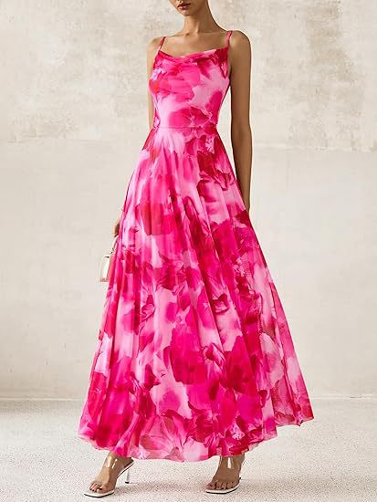 Amazon Women's Summer Flower Long Dress Elegant Thin Shoulder Strap dress Print Party dress Beach Long Dress