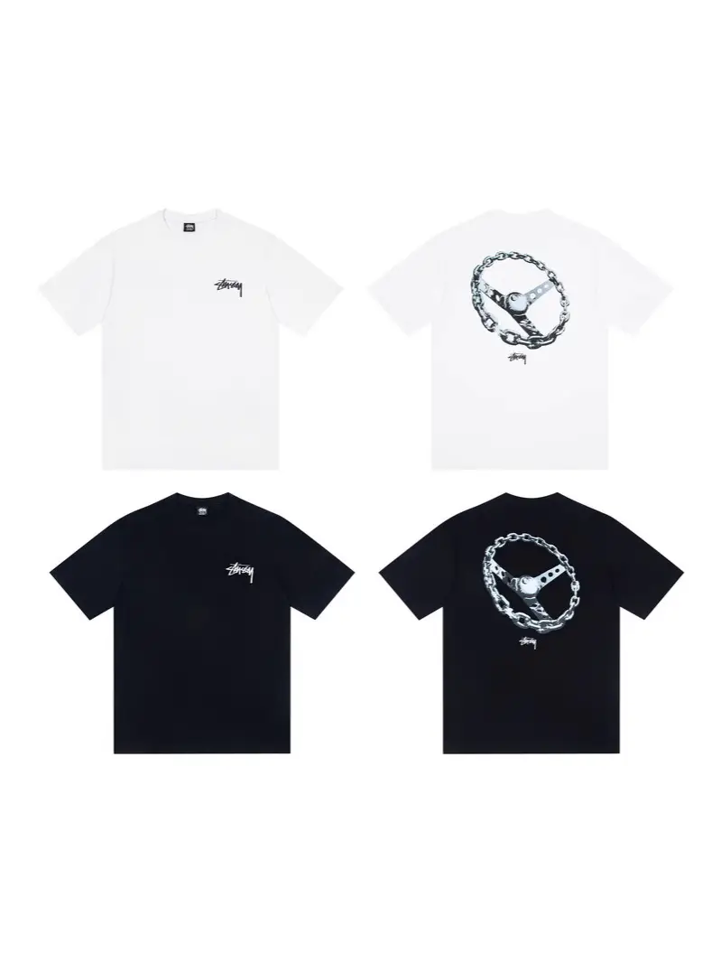 Cross-Border Trendy Brand Stussy Letter Logo 8-Ball Chain Steering Wheel Print Double Yarn Pure Cotton Short-Sleeve T-Shirt Couple Style