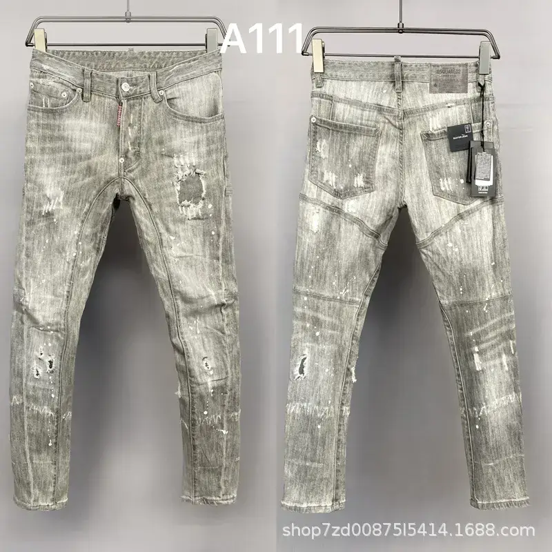 A111 Smoke Gray Hole Paint Inkjet D2 Trendy Brand Jeans American Cross-Border Men's Denim Pants European Station Denim