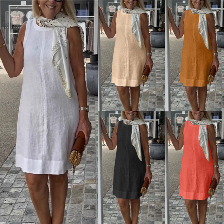 2026 European and American Cross-Border Foreign Trade Spring and Summer New Amazon Independent Site Women's Casual Solid Color Round Neck Tank Dress