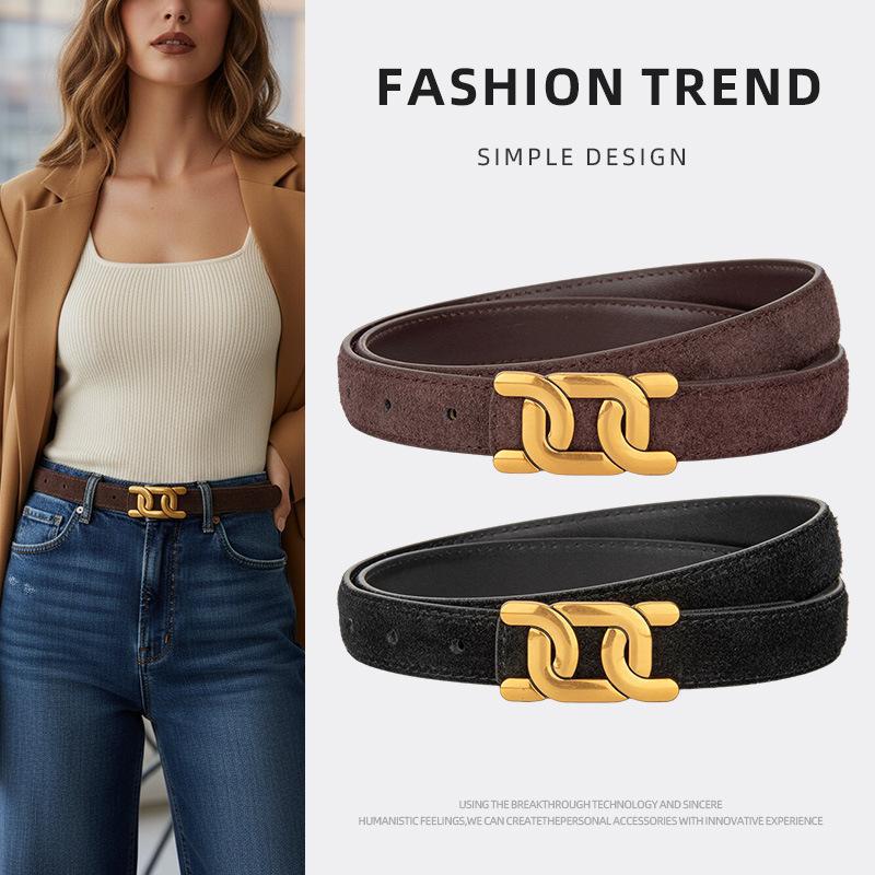 Korean-Style Gold Double-Ring Buckle Belt for Women, Suede Texture, Casual Versatile Belt, Commuter Jeans Decorative Belt for Women