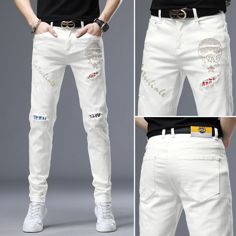 2023 Spring New White Ripped Patch Jeans Men's Slim-Fit Small Feet Fashionable Personalized Printed Men's Pants