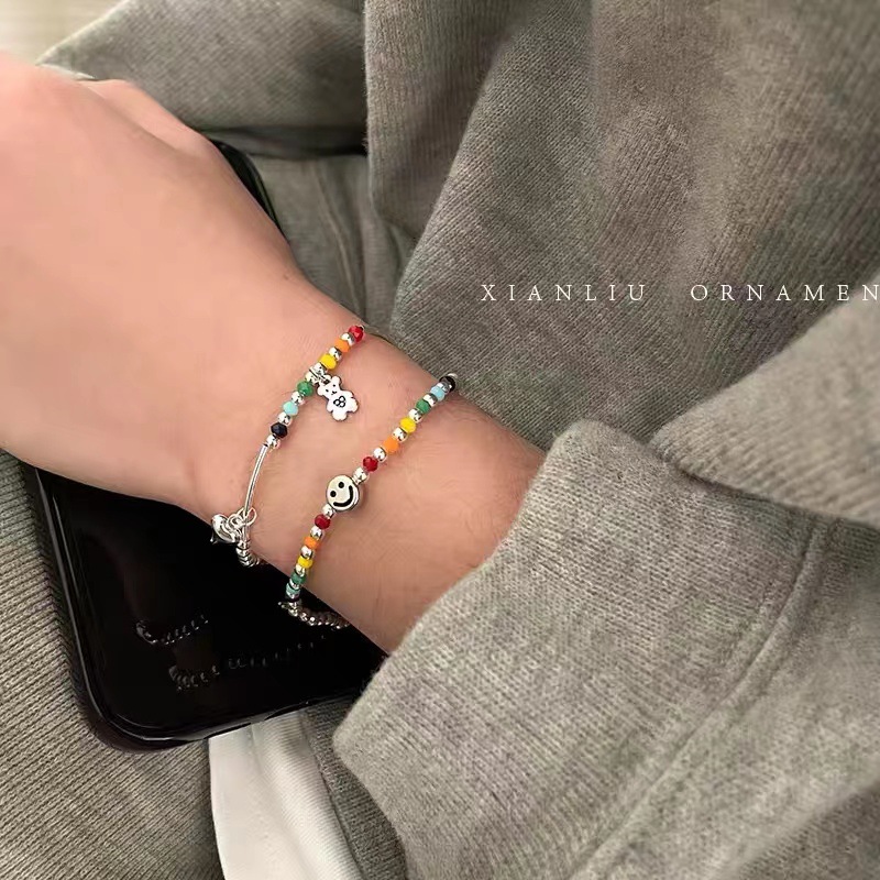 Rainbow smiley face bear love bracelet female minority feeling handmade beaded elastic rope lovers hand jewelry wholesale