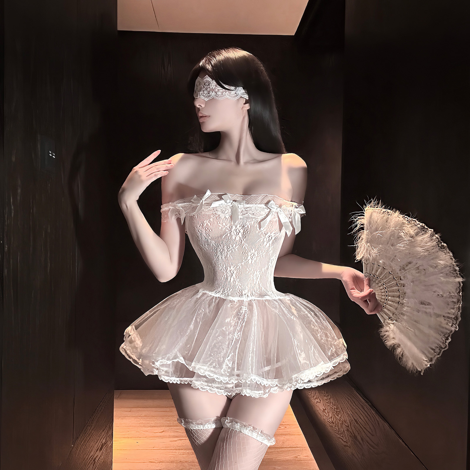 Golden Night Sexy Lingerie, Pure Lust Style, One-Shoulder Mesh Tutu Skirt, Dreamy Princess Style, Butterfly Print Short Skirt