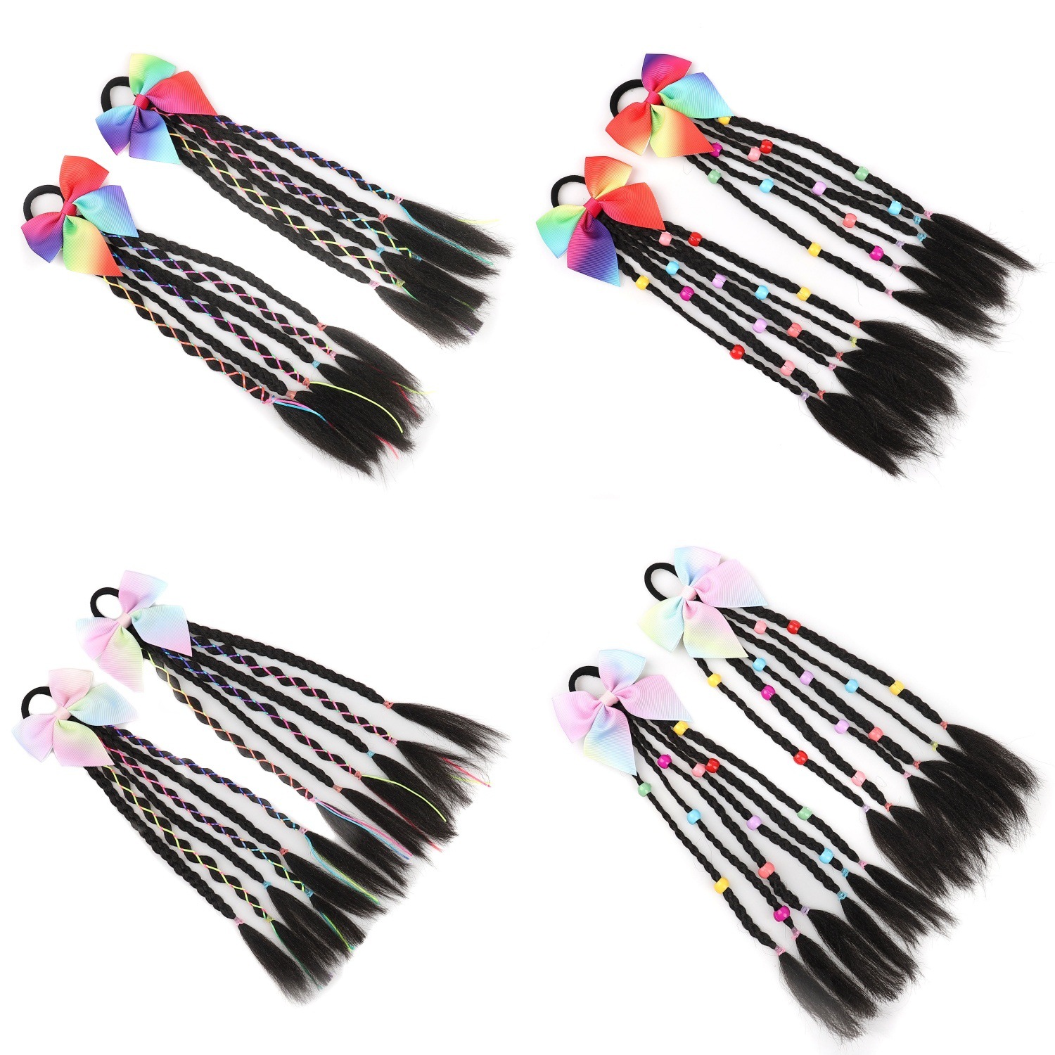 Children's short colorful bow wig accessories chemical fiber braid girls dance colorful ponytail
