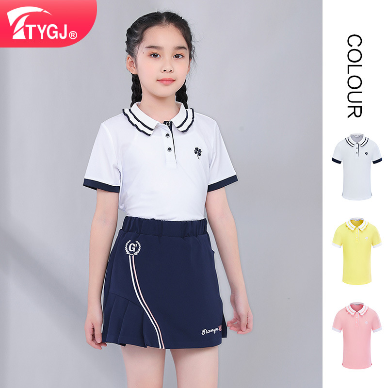 TTYGJ golf clothing children's short-sleeved polo shirt sports T-shirt girls' ruffled lapel solid color top
