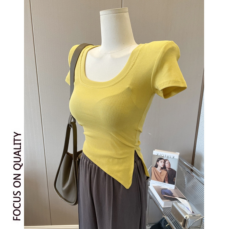 Slim-Fitting Short-Sleeved T-Shirt for Women in Summer, Pure Lust, Sweet Hottie, American Style, Asymmetrical Slit, Short Yellow Top, Wholesale