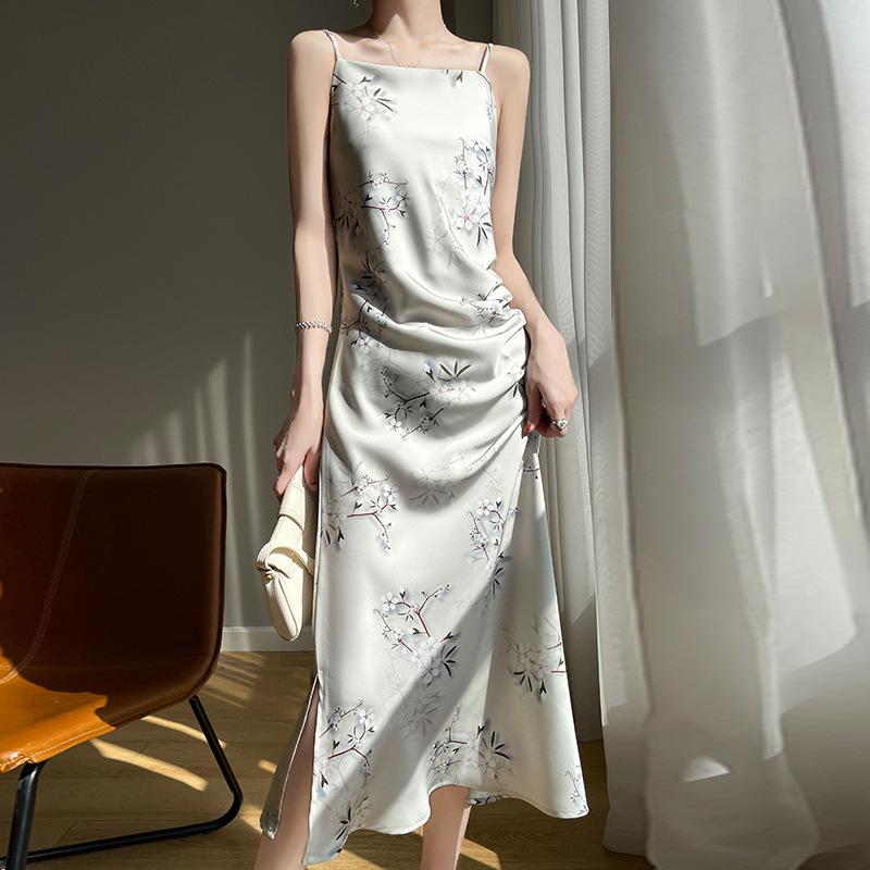 National Style Satin Printed Collar Sling dress Women's Split Triacetic Acid Base Cheongsam Skirt Summer Thin New Style
