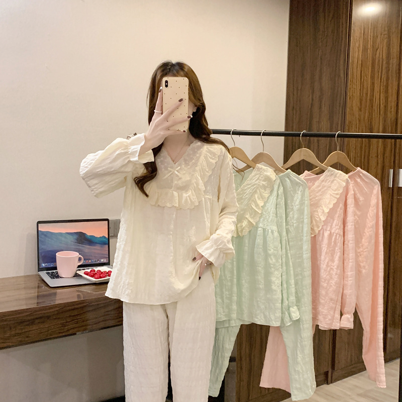 7A Class Antibacterial Pajamas for Women, Spring Pure Cotton Long-Sleeved Pants, Butterfly Collar, Thin Casual Large Size Home Wear Two-Piece Set