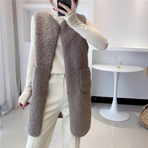 Women's long vest autumn and winter mid-length faux lamb vest fashionable new western style all-matching women's coat
