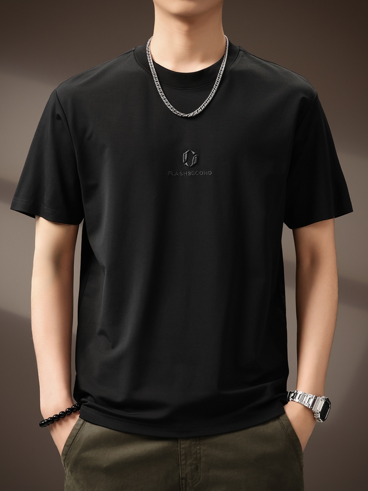 Mulberry Silk Ice Silk Cool Round Neck T-Shirt Men's Summer Stereo Simple Embroider Loose Casual Short-Sleeved T-Shirt