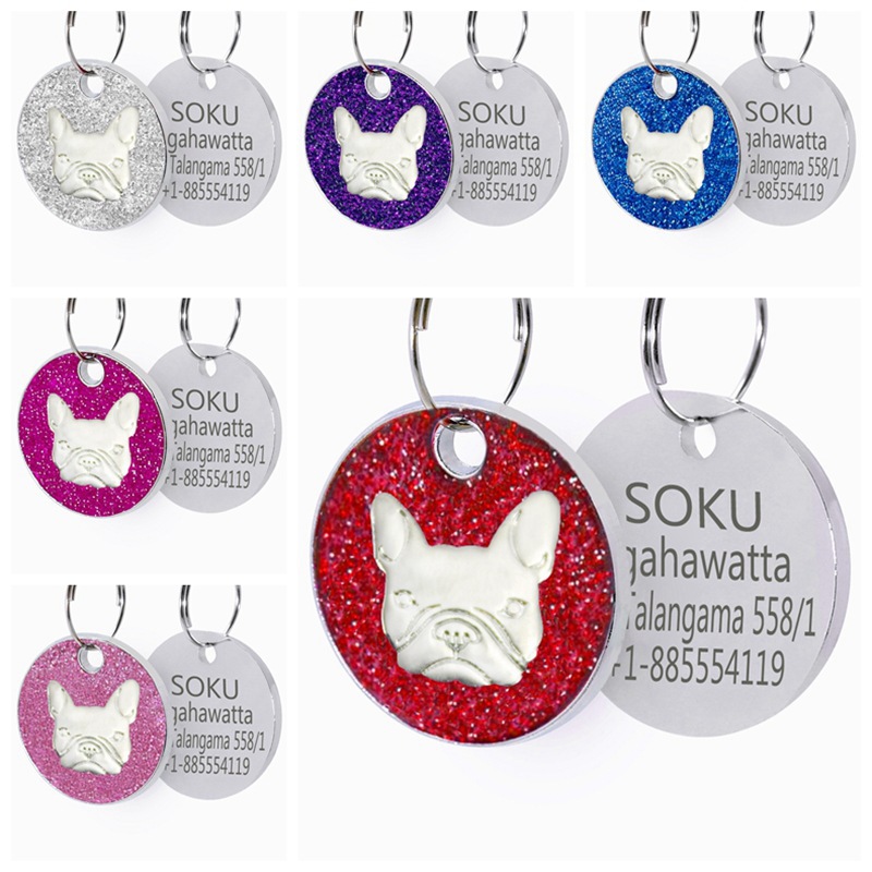 Glitter Pink Round Dog Tag French Bulldog Pet Collar Pendant Jewelry Anti-Loss Tag Laser Engraving Tag