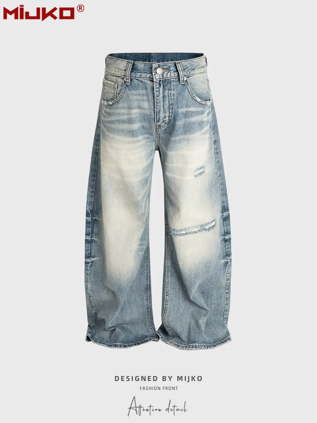 Mijko Men's and Women's Knife-Cut Distressed Long Pants Unisex Washed Silhouette Wide-Leg Blue Jeans Multiple Sizes