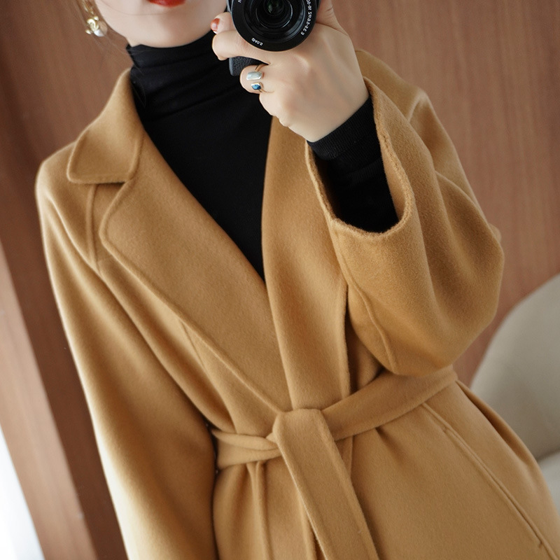 2025 Autumn and Winter New Double-Sided Cashmere Coat Women's Mid-Length Loose Lace-Up Solid Color Wool Coat Jacket Women