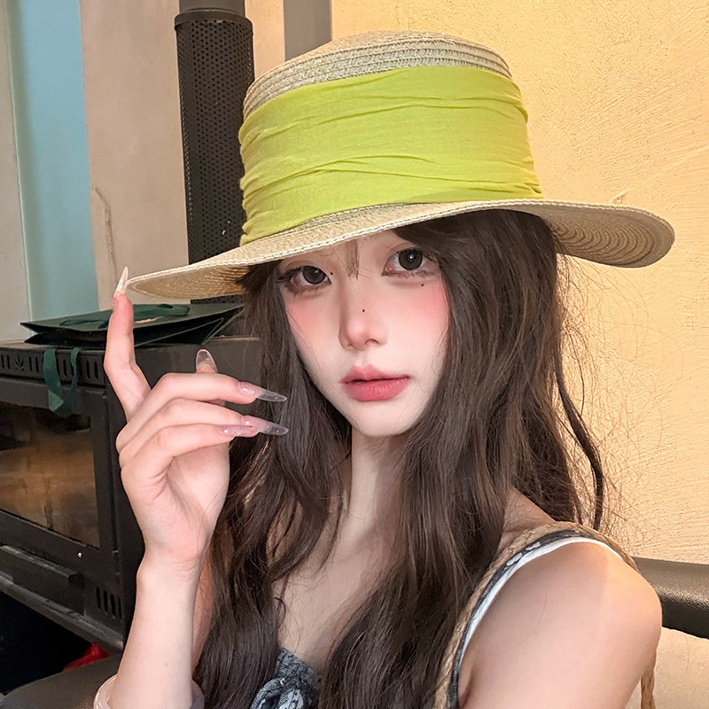 French-Style Straw Flat-Top Hat, Summer Sun Protection Hat, Beach Vacation Travel Sunshade Straw Hat, Elegant and Stylish Hat for Women