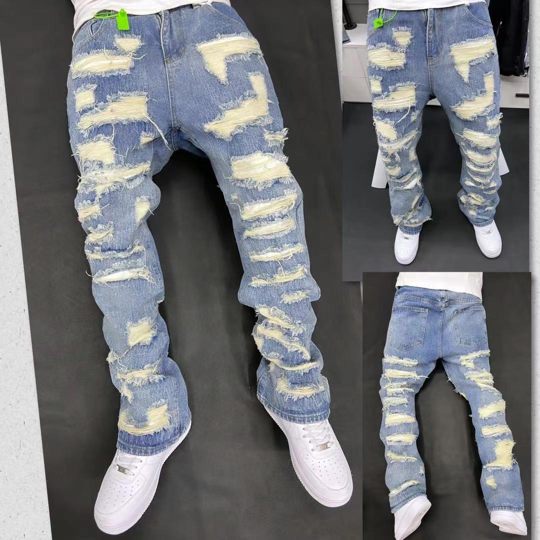 Foreign trade American retro heavy industry damage erosion patch design jeans High Street ripped cleanfit pants