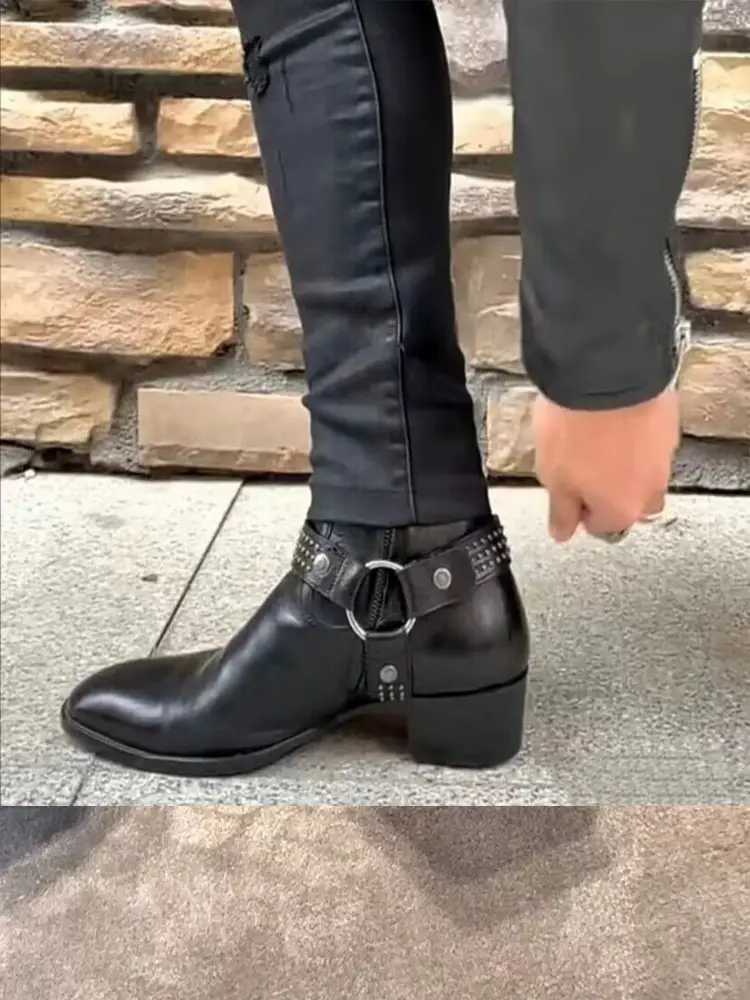 2025 European and American Autumn and Winter New Fashion Personalized First-Layer Cowhide Side Zipper Pointed Toe Rivet Buckle Chelsea Boots Trendy
