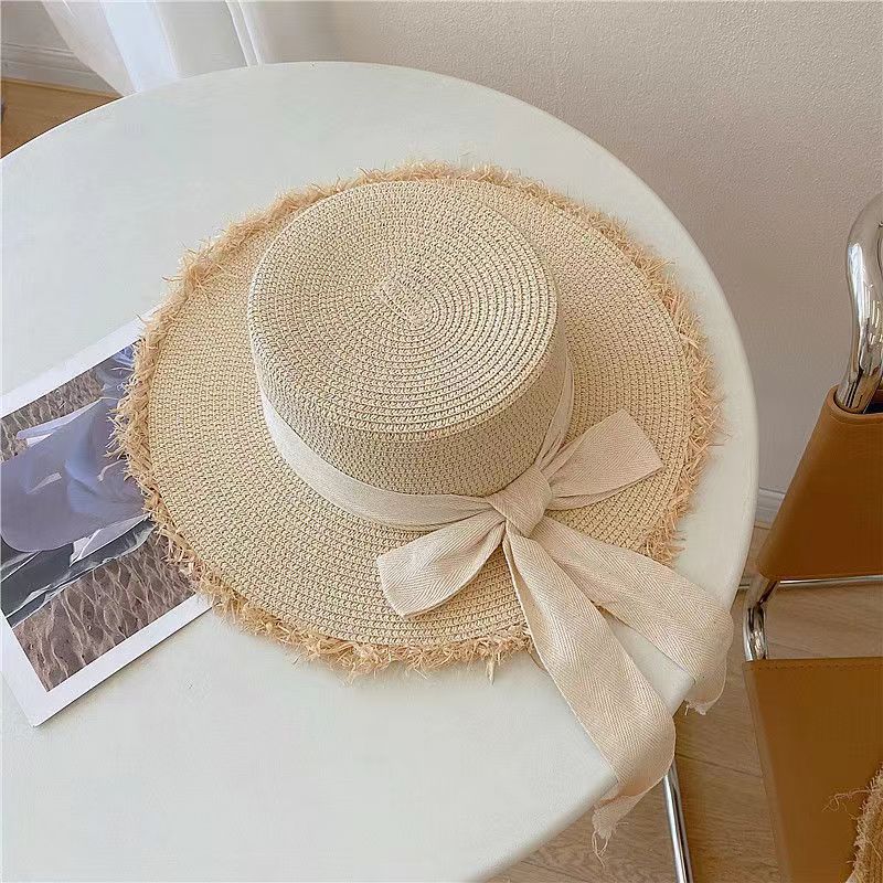 Bow Ribbon Straw Hat Women's Summer Flat Top Burr Straw Hat Big Brim Holiday Beach Sunshade Sunscreen Hat Explosion