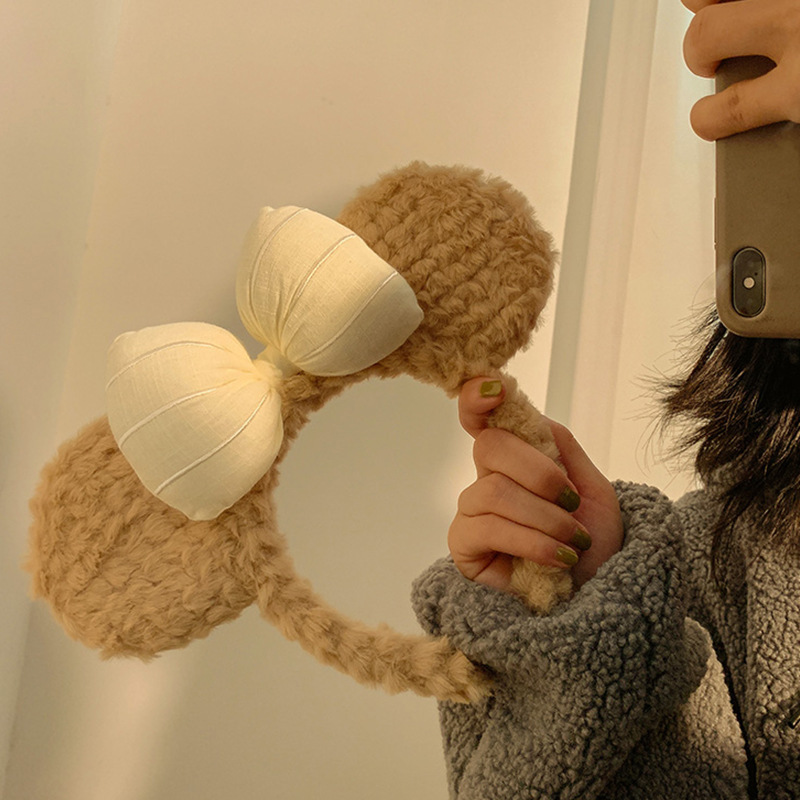 Bowknot bear ear headband female autumn and winter plush cute cartoon face washing headband South Korea girl hair grottoes hair accessories