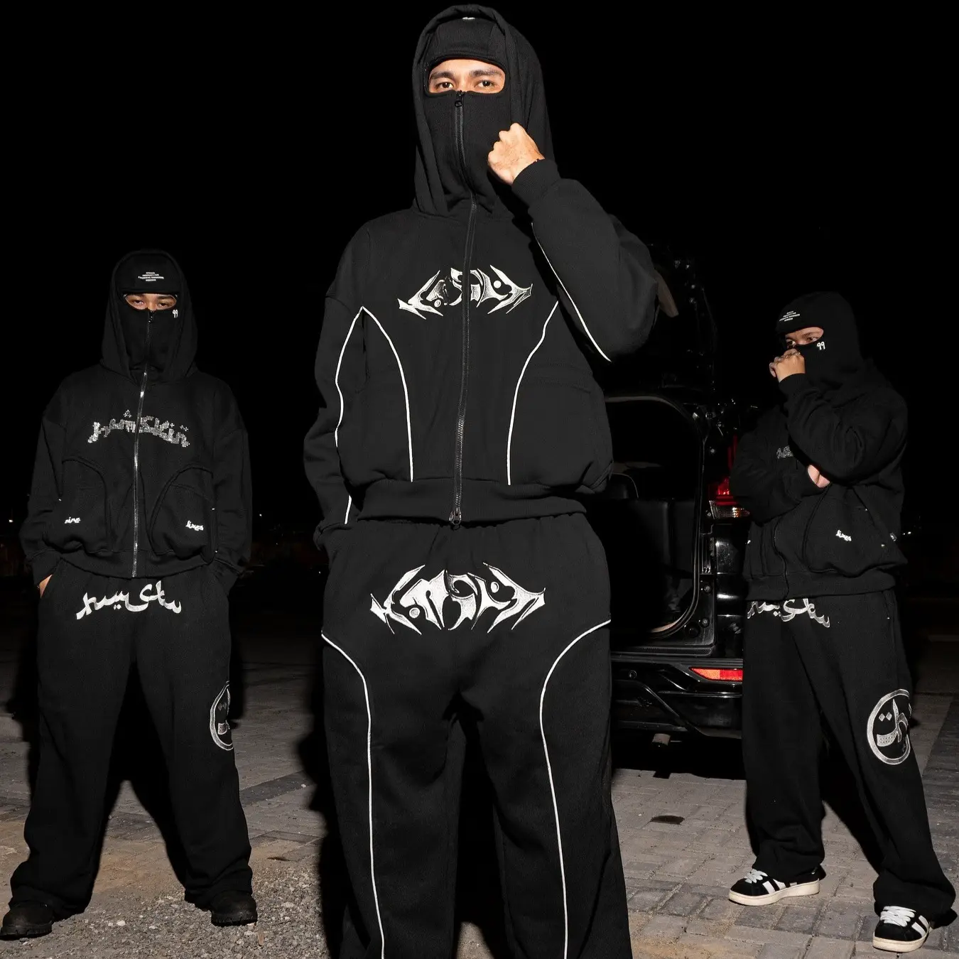 European and American Cross-Border Winter New Ins Style High Street Sweatshirts for Men and Women with Double Hood Ninja Mask Hooded Sweatshirts and Sweatpants