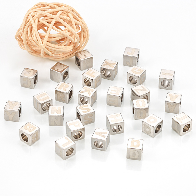 Stainless Steel Square Beading DIY Laser Engraving 26 Letters through Hole Beads Square Necklace Bracelet DIY