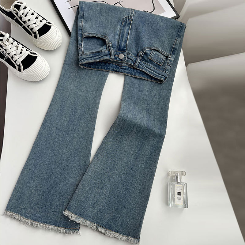 Vintage Micro-Lar Jeans Women's American-style High Waist Elastic Slim-fit Straight Horseshoe Trousers
