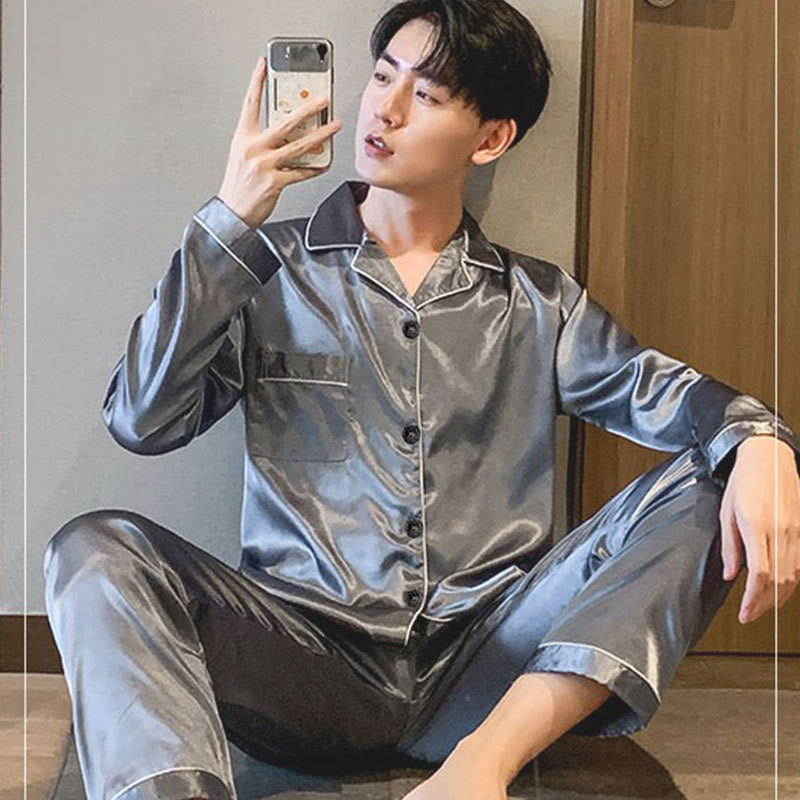 Spring and Autumn Men's Pajamas 2026 New Long Sleeve Thin Ice Silk Summer Youth Home Clothes Silk Set Large Size