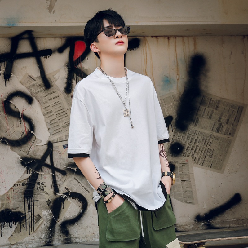 225g Cotton T-shirt Round Neck Short Sleeve Men's T-shirt Summer New oversize Loose Shoulder Half Sleeve Top