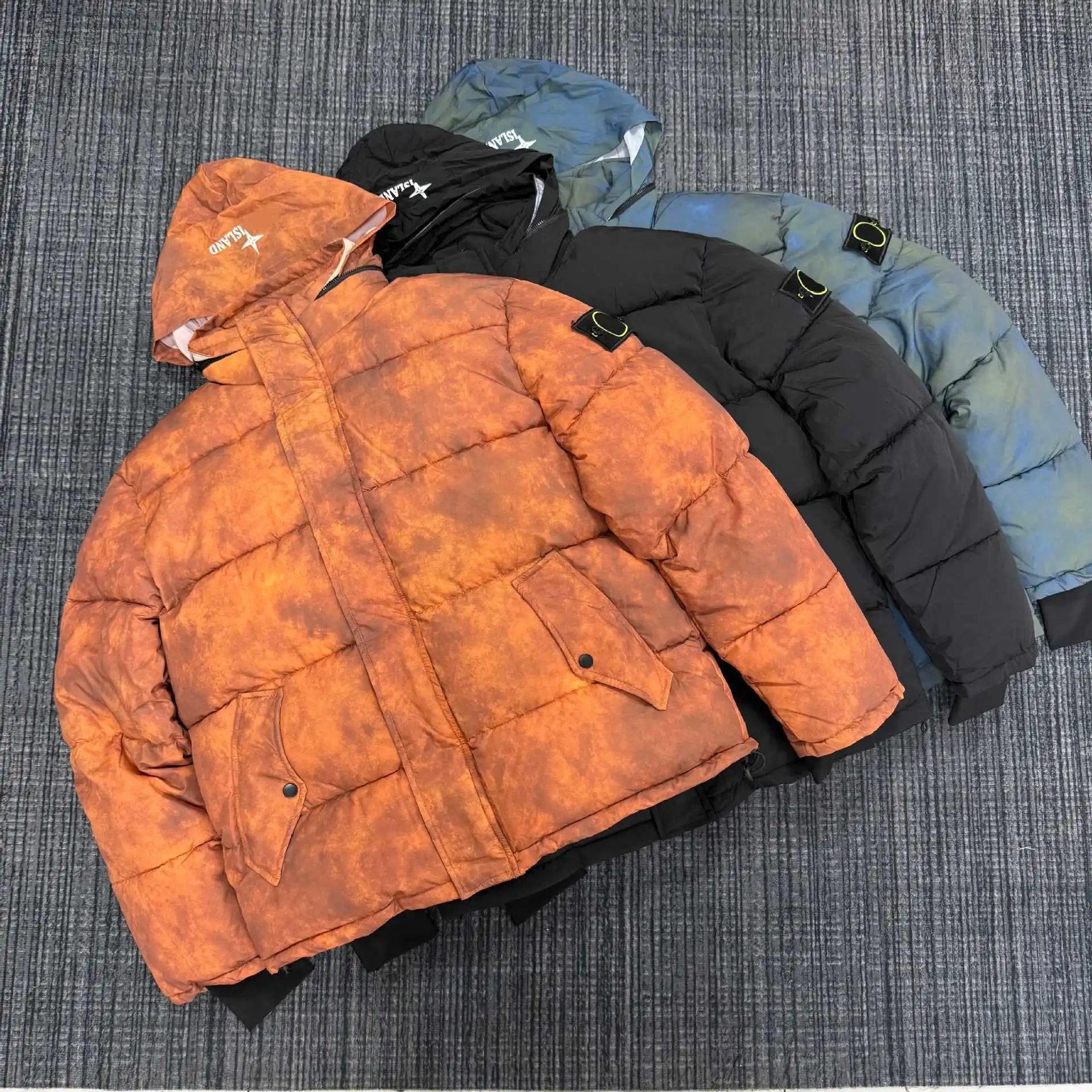 st扎染做旧可拆卸连帽方格绗缝宽松面包棉服美式高街街头