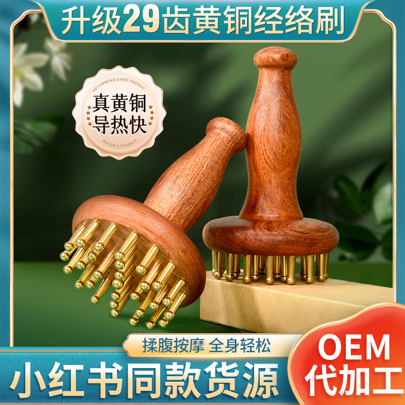 Rosewood Handle Upgraded 29-Tooth Brass Meridian Brush, Abdominal Massage Brush with Pulse Clearing, Liver and Gallbladder Meridian Brush