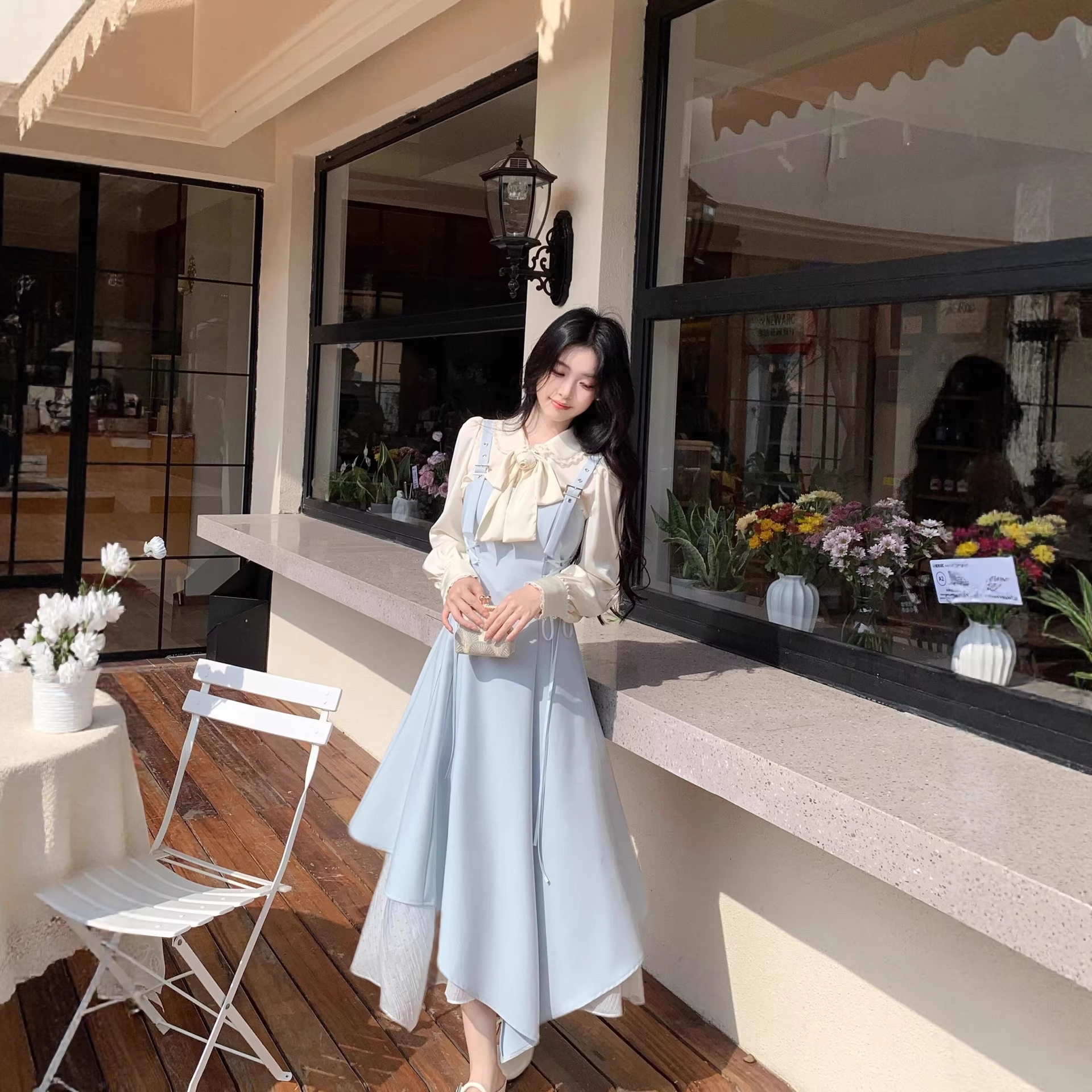 2026 Stylish Blue Asymmetrical Diagonal Cut Patchwork Tie-Waist Strap Dress, Fashionable and Versatile Niche Style