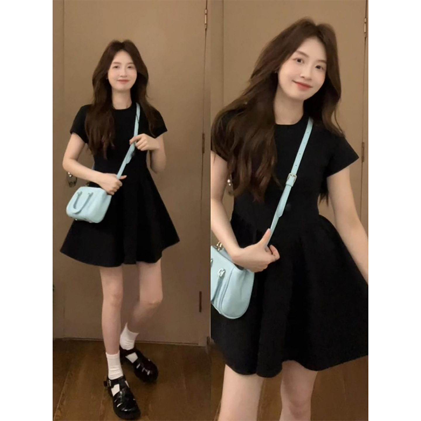 Black Fishbone Dress for Women Summer New Style Waisted Hepburn Style Little Black Dress Slim Short A-Line Skirt for Small People