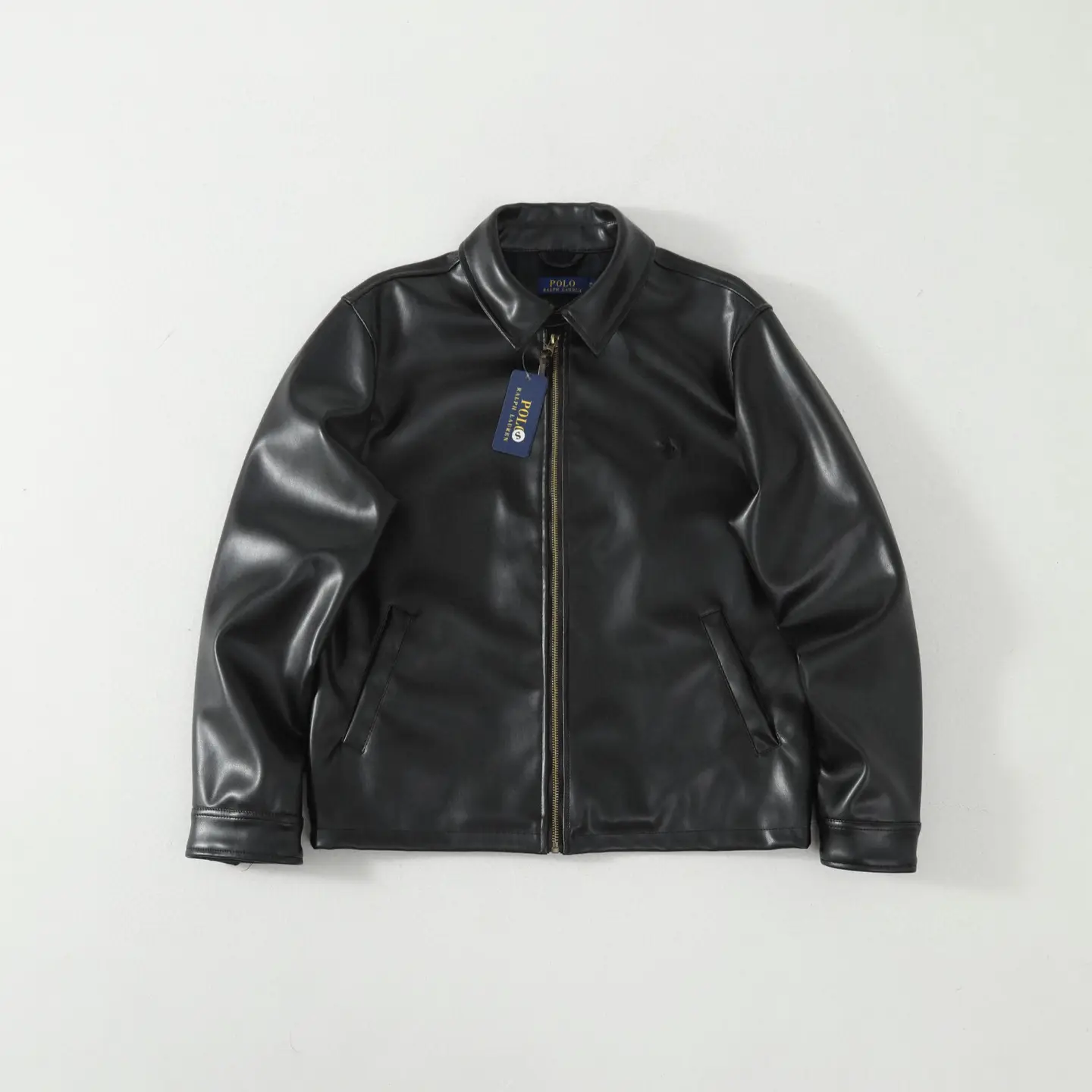 high quality foreign trade cross-border RL pony horse embroidery solid color lapel long sleeve leather jacket coat vintage motorcycle