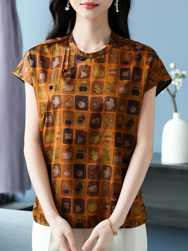 New Chinese-Style Retro Mulberry Silk Printed Short-Sleeve T-Shirt for Women, Summer Loose-Fitting Mom Fashion, Stylish and Slimming Silk Top