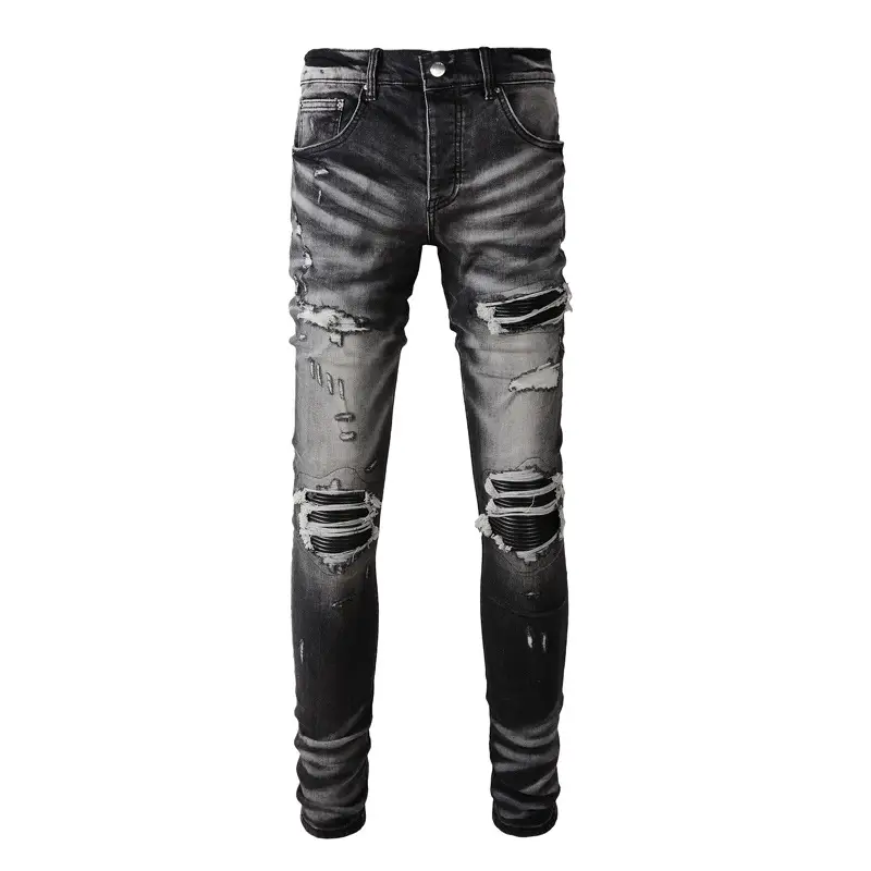 Street Fashion Trendy Brand Men's Jeans Retro Black and Gray Ripped Slim Fit Leather Patch Men's Denim Trousers
