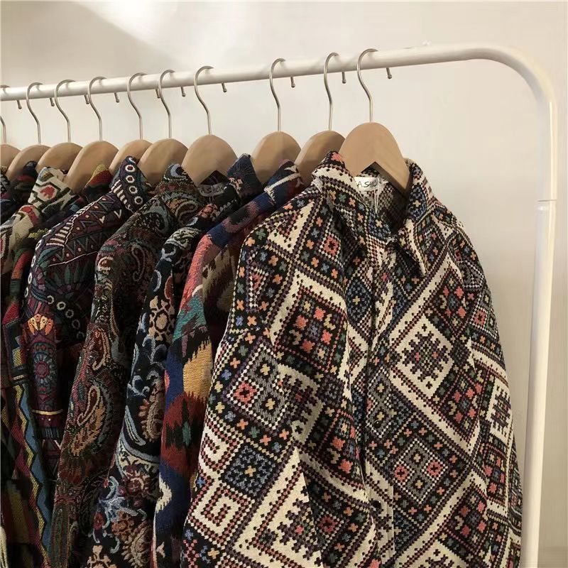 Cuban Shirts for Men and Women, Loose-Fitting Autumn and Winter Styles, Japanese Retro Ethnic Style Couple's Long-Sleeve Shirts, Cross-Border Wholesale