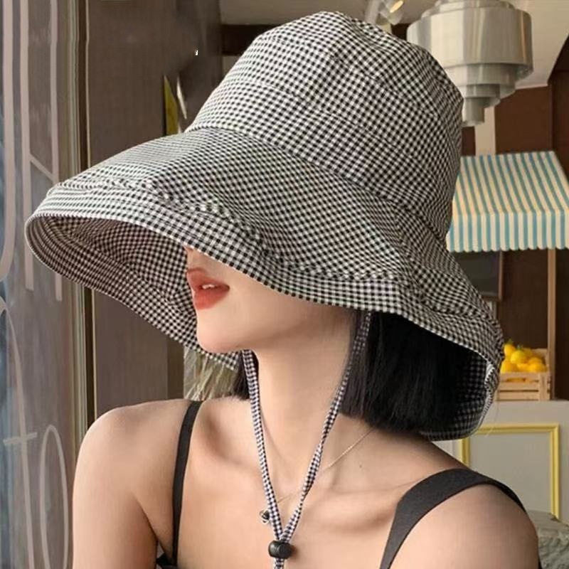 Zhao Ruth New Plaid Fisherman Hat Children's Summer Travel Sunscreen Sunshade Hat Folding Big Brim Sun Hat