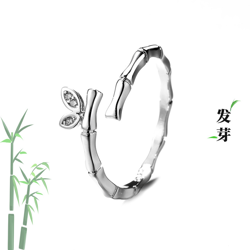 Distinctive Simple Diamond Bamboo Opening Ring Women's Fashion Ins Retro Design Cold Style Leaf Index Finger Ring