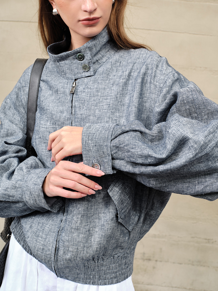 Old Money Style Pure Linen Short Jacket for Women, Turn-Down Collar Cardigan, Spring Season, High-End Relaxed Feel, Zip-Up Denim Blue Jacket
