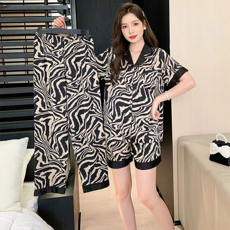 Pajamas for Women, Korean Style, High-End, Classic Black and White Pattern, Summer Short-Sleeved, Pure Cotton, Large Size, Casual Home Wear, Three-Piece Set