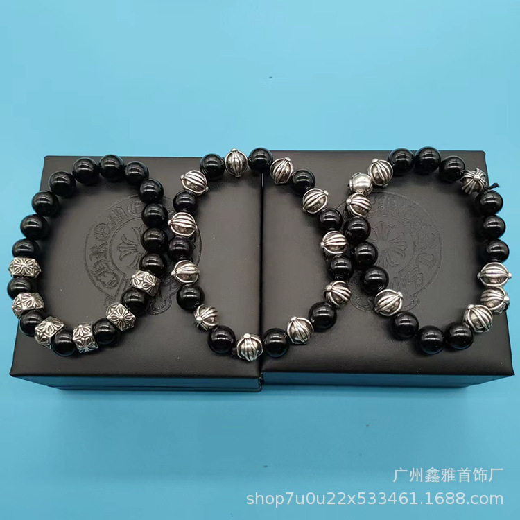 ch Croix Thai Silver Distressed Cross Obsidian Bracelet Fashion Trend Personalized All-match Couple Vintage Bracelet