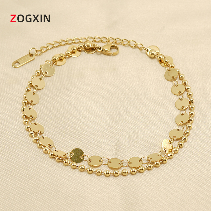 New European and American Stainless Steel Double-Layer Stacked Anklets for Women, Fashionable and Versatile Titanium Steel Round Splicing Anklets and Foot Accessories Wholesale
