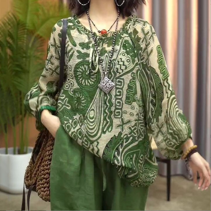 Cross-Border Spring and Summer New Retro Style Floral Large Size Women's T-Shirt Women's Loose Sun Protection Top for Middle-Aged and Elderly Mothers