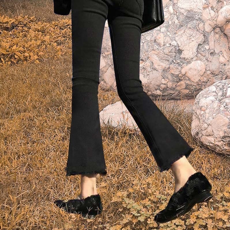 Black Flared Jeans for Women, Petite Size, High-Waisted, Stretchy, Autumn Slim-Fit, Cropped, Slimming, Straight-Leg, Japanese and Korean Style, Casual