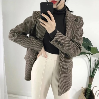 Plaid Blazer for Women Korean Style 2026 Autumn and Winter Houndstooth Retro Loose Slimming Woolen Blazer Trendy