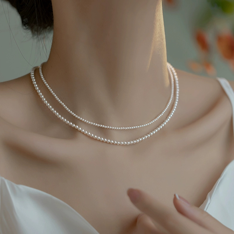 Fashionable and Simple 2mm Perfect Round High-Luster Pearl Necklace 3-4mm Bead Collarbone Chain, a High-End Necklace for Your Girlfriend