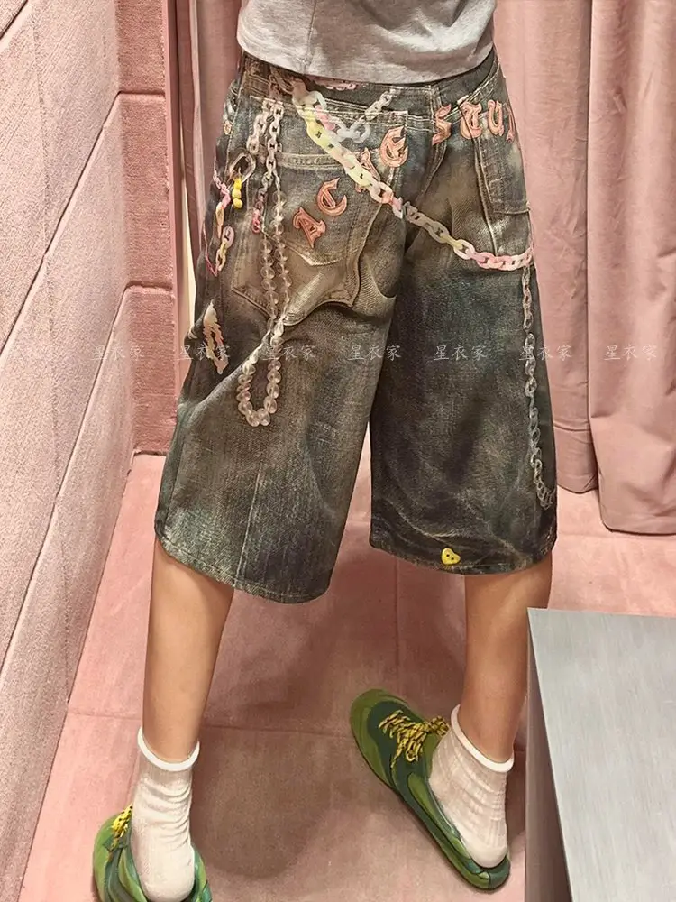 American Hottie Dopamine Candy Chain Jeans for Women Retro High Street Design Digital Color Printed Cropped Pants